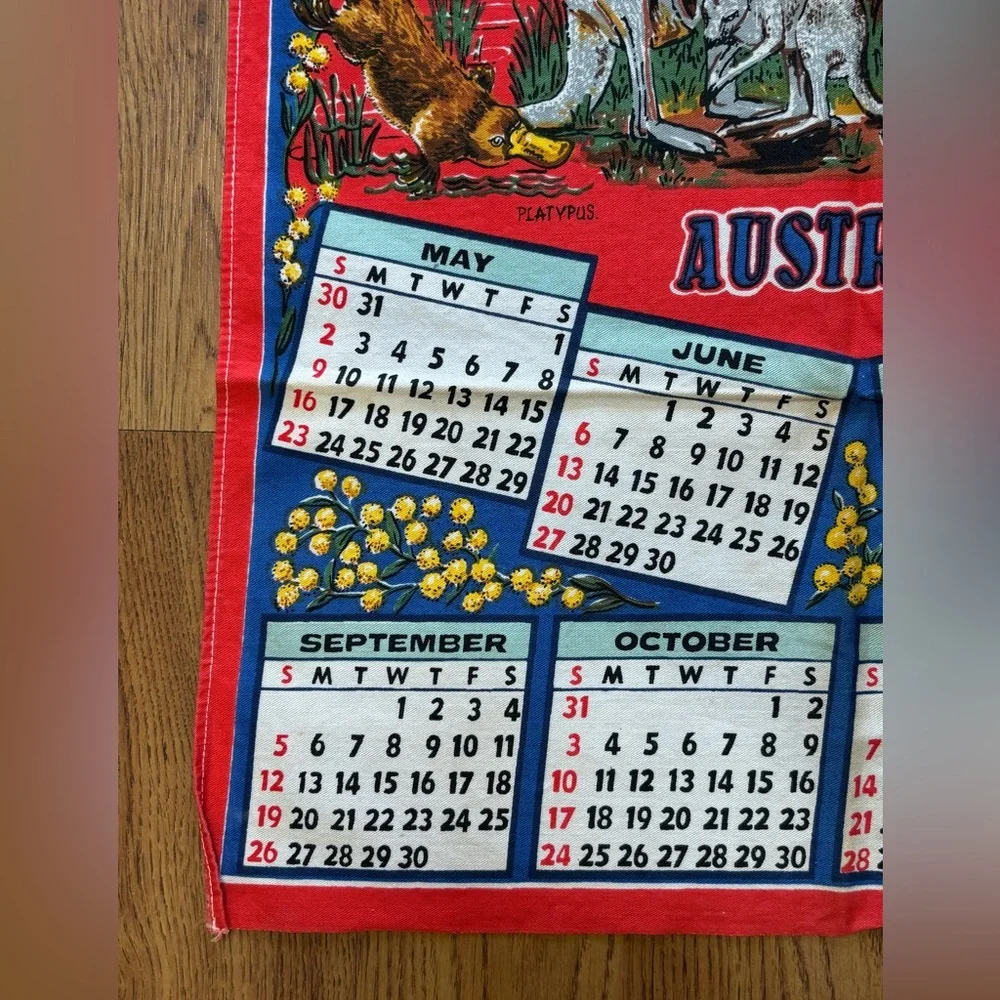 Vintage Red Calendar Tea Towel 1982 Australia Cotton 28”x17.5” Kangaroo Birds